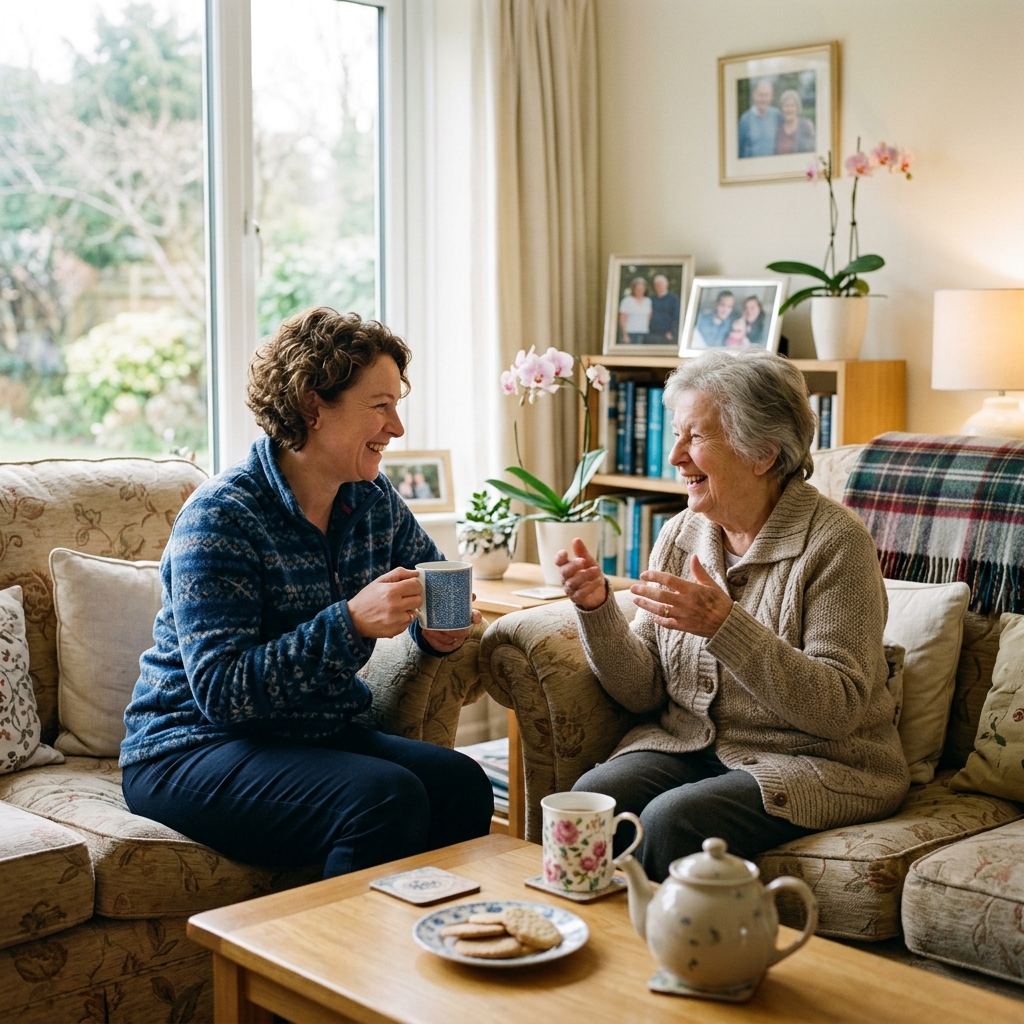 Heartwell support worker sharing tea and companionship